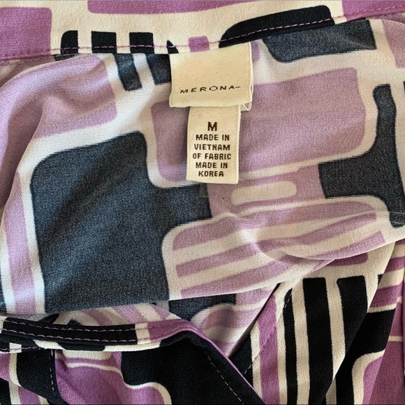 MIDI SHIRT DRESS V NECK CAP SLEEVES STRETCH FABRIC LAVENDER BLACK - Picture 7 of 7